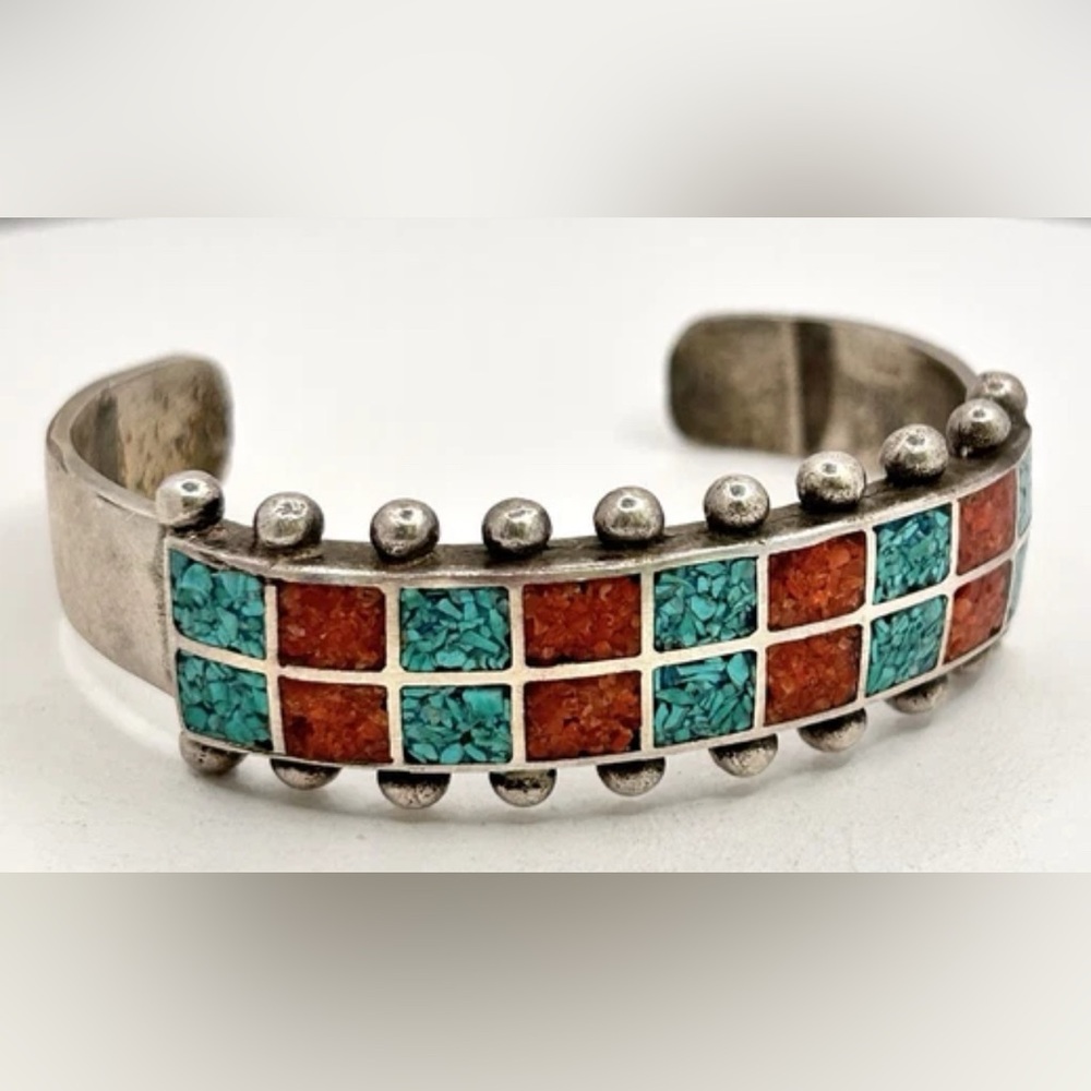 Navajo Zuni Handmade Turquoise Coral Stones Mosaic Bracelet. Vintage - Picture 8 of 9